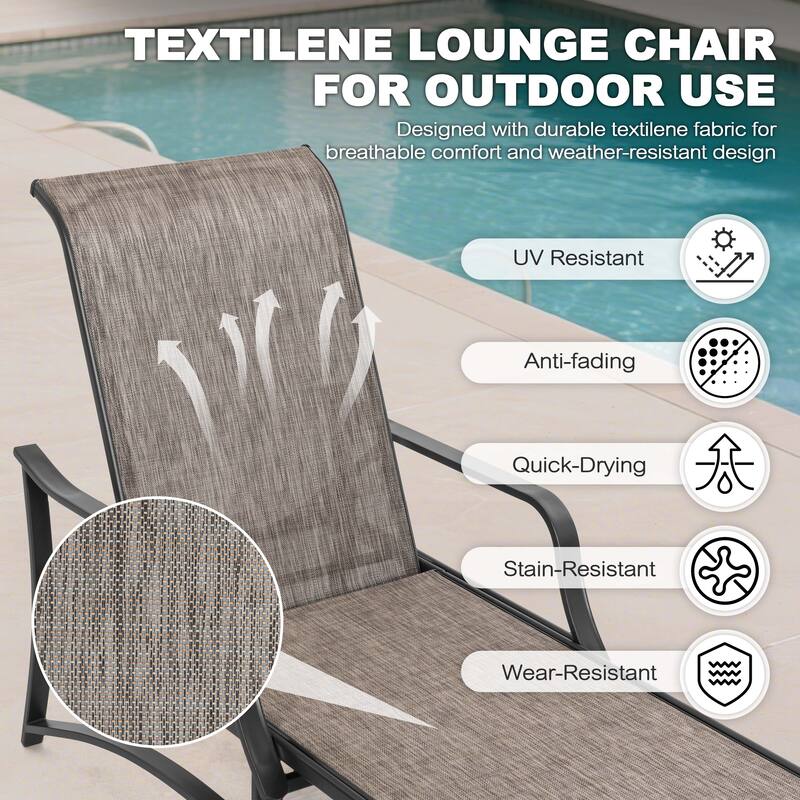 Outdoor Textilene Metal Lounge Chairs Set of 2, 5-Level Adjustable Backrest