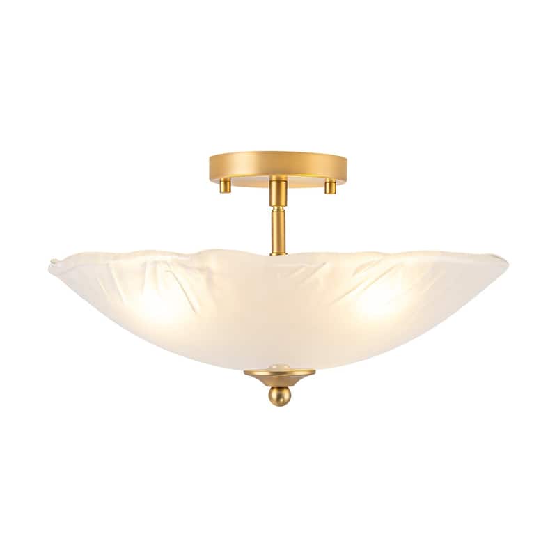 Mid-Century Brass Round Glass Bowl Semi Flush Ceiling Light 15in