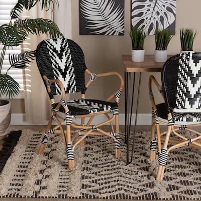 Wallis Modern French Two-Tone Black and White Weaving and Natural Rattan Indoor Dining Chair