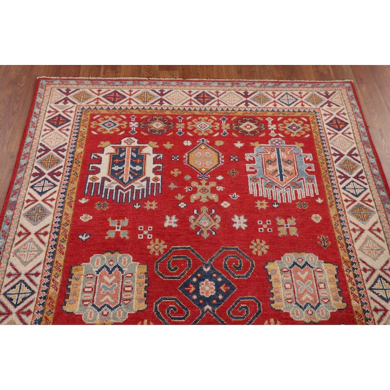 Red Geometric Kazak Oriental Accent Rug Hand-Knotted Wool Carpet - 4'3" x 6'0"