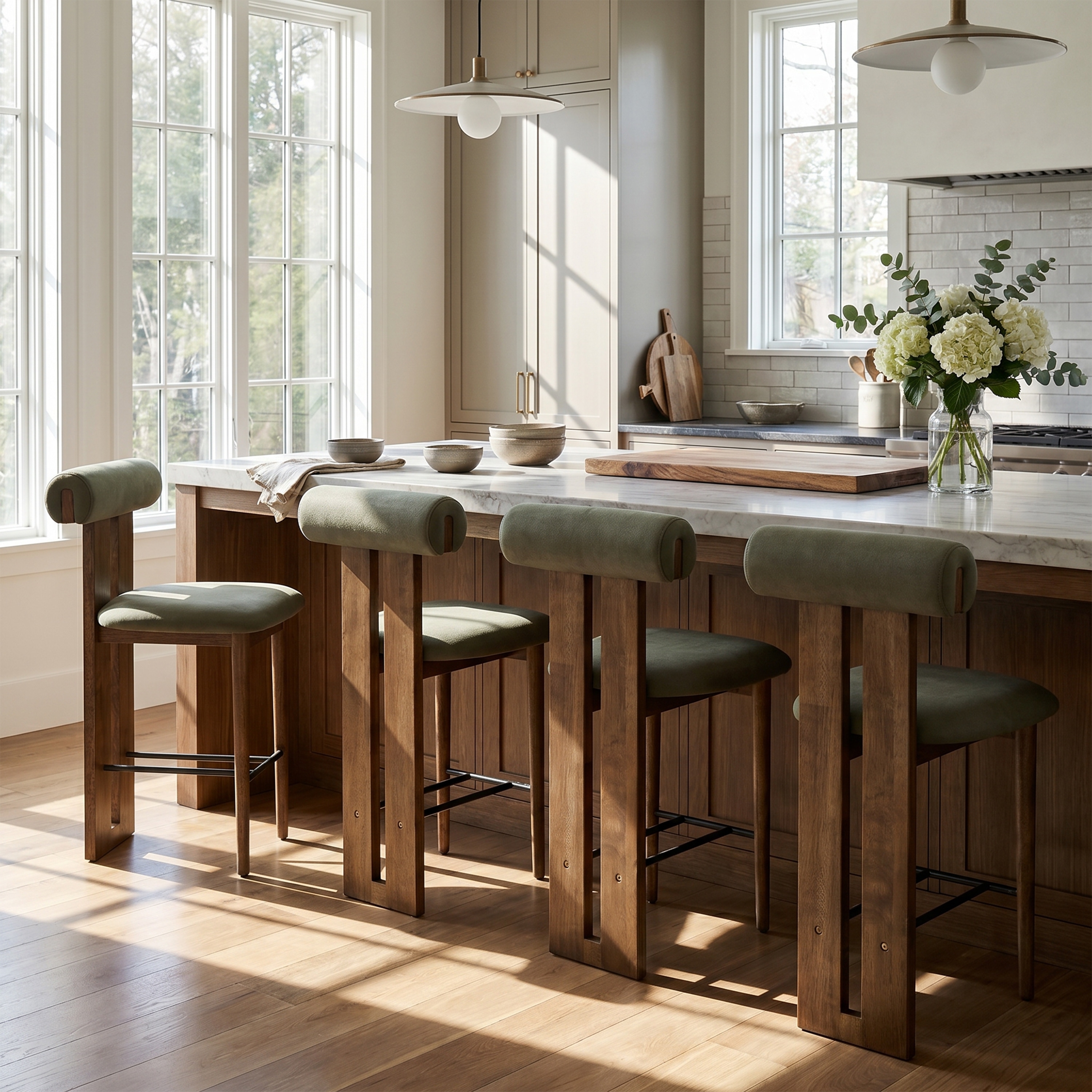 Christopher Knight Home - Renee Modern Set of 4 Bar Stools, Wooden Frame, Cloud-Top Upholstered Seat & Split-Back Design