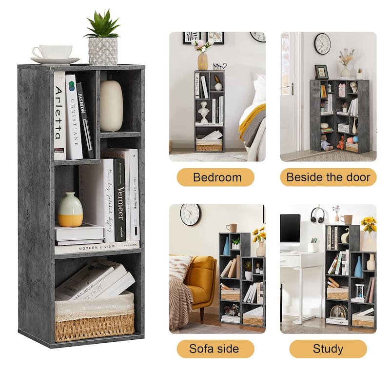 L Shaped Freestanding Ladder Corner Bookshelf, 12 Cubes Stepped Etagere Bookcase, Wooden Storage Cabinet Display Shelf