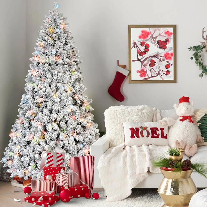 6FT Flocked Christmas Tree with 350 Colorful UL Lights and 36 Natural Pine Cones-888 Snowy PVC Tips,Hinged Branches