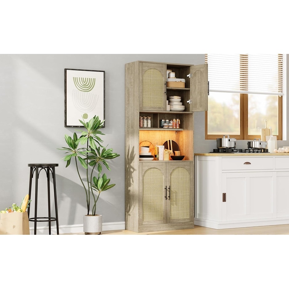 71" Oak Tall Pantry Cabinet with LED Light & Microwave Shelf