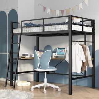 Industrial Style Twin Metal Loft Bed with L-Shaped Desk,Safety Guard & Ladder