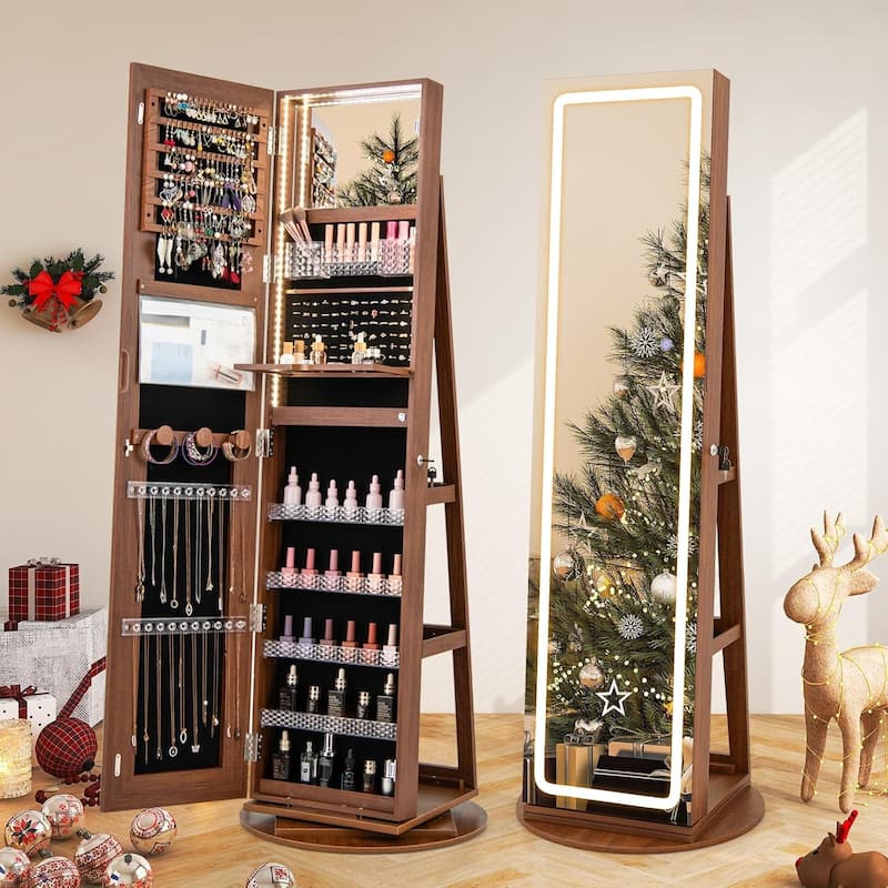 Rotating Jewelry Armoire Lockable Standing Jewelry Cabinet w/ Mirror