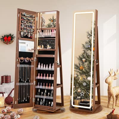 Rotating Jewelry Armoire Lockable Standing Jewelry Cabinet w/ Mirror