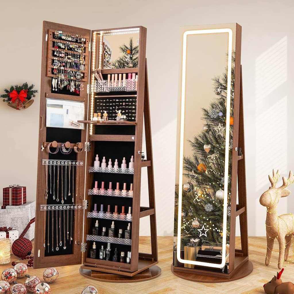 Rotating Jewelry Armoire Lockable Standing Jewelry Cabinet w/ Mirror