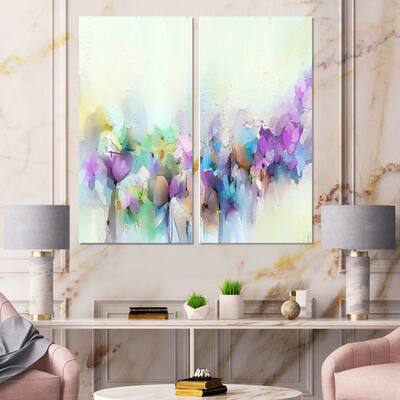 Designart "Yellow and Purple Spring Flowers" Traditional Canvas Wall Art Print 2 Piece Set