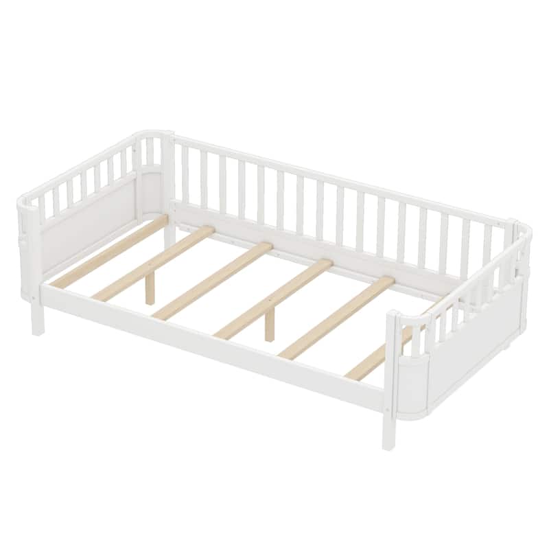 Multi Size Low Platform Bed for Kids with Rounded Corners Guardrails, Detachable Right-side Fence and Open Left-side Design