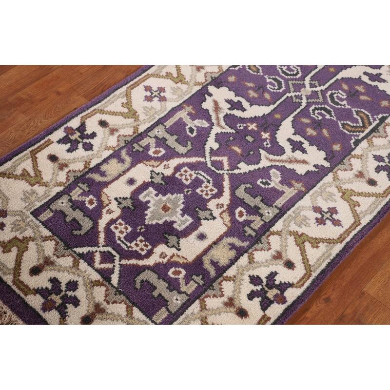 Purple Oushak Oriental Runner Rug Hand-Knotted Floral Wool Carpet - 2'6"x 9'9"