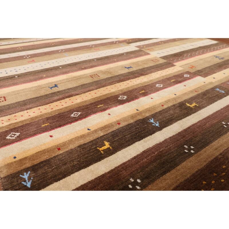 Striped Gabbeh Oriental Area Rug Hand-Knotted Brown Wool Carpet - 6'9" x 9'11"