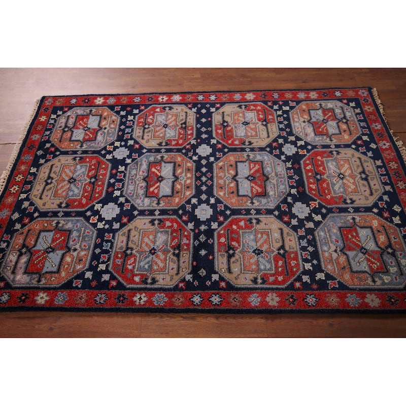 Geometric Navy Blue Khotan Indian Rug Hand-Knotted Wool Carpet - 4'0"x 6'1"