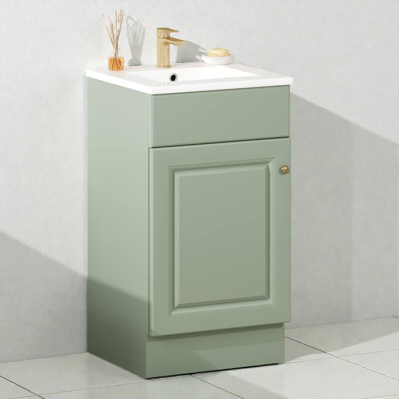18 Inch Bathroom Vanity with Ceramic Sink, Freestanding Vanity Cabinet with Soft Close Door and Adjustable Shelf - Light Green