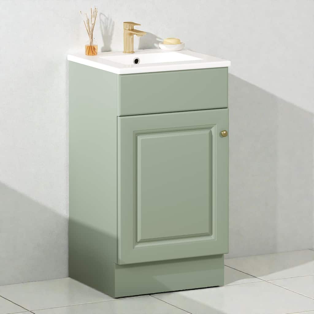 18 Inch Bathroom Vanity with Ceramic Sink, Freestanding Vanity Cabinet with Soft Close Door and Adjustable Shelf
