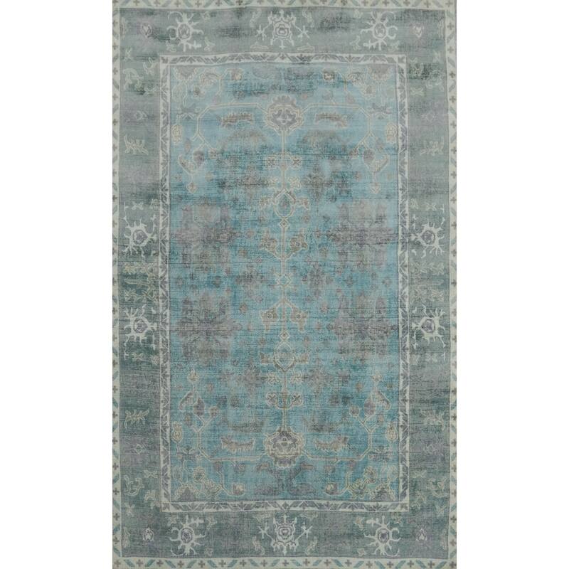 Hand-knotted Transitional Silk Carpet Blue Oushak Rug Floral Oriental Area Rug - 8' 0'' X 5' 0''
