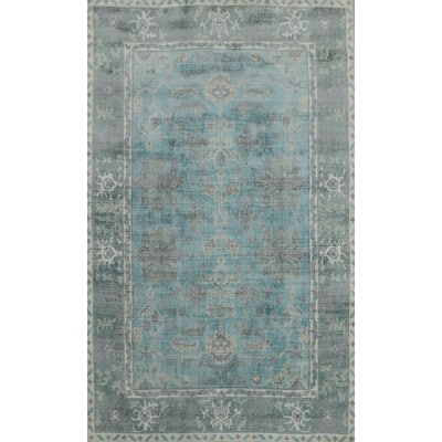 Hand-knotted Transitional Silk Carpet Blue Oushak Rug Floral Oriental Area Rug - 8' 0'' X 5' 0''