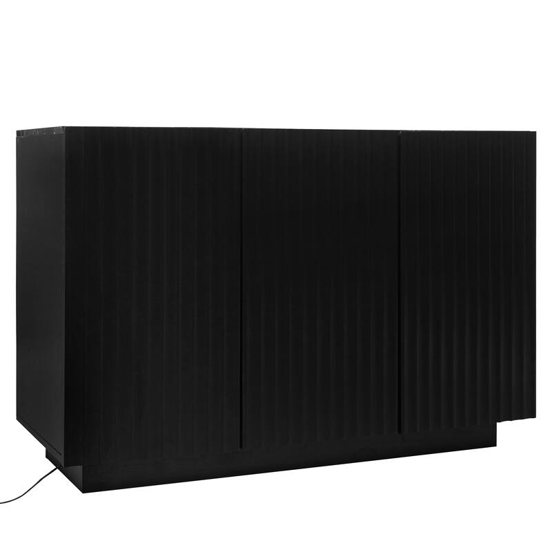 LED Carved Line 3 Door Storage Cabinet,Sideboard Buffet Cabinet With Adjustable Shelf,Large Storage Accent Cabinet