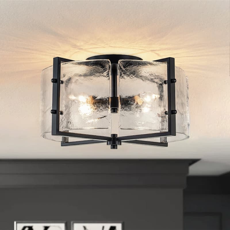 Modern Entryway 4-Light Handmade Glass Drum Semi Flush Mount - Matte Black - 16.7in - Matte Black