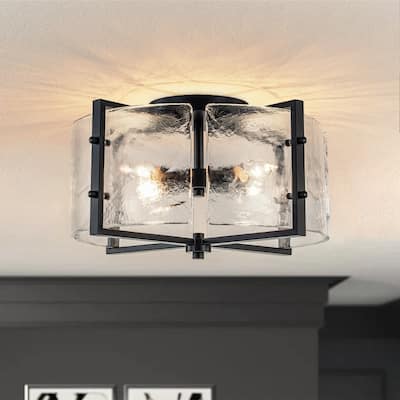 Modern Entryway 4-Light Handmade Glass Drum Semi Flush Mount - Matte Black - 16.7in