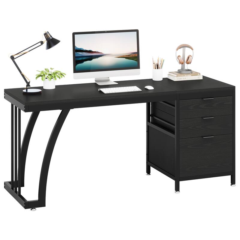 59 inch Reversible Computer Desk with 3 Drawer Cabinet, Industrial Study Writing Table Workstation for Home Office Bedroom