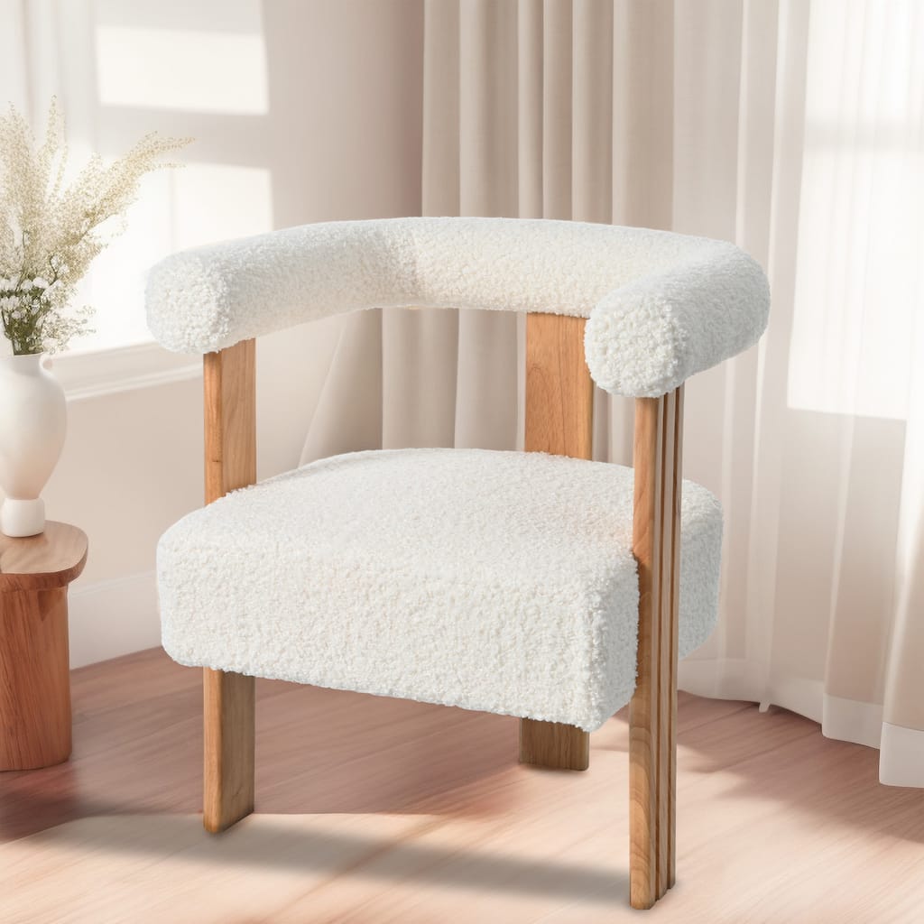 Roomfitters Mid-Century Modern Barrel Accent Chair, Luxe Teddy Boucle Fabric Armchair with Rubberwood Legs, Cream White