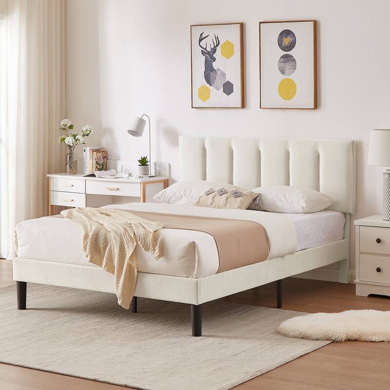 Javlergo Velvet Upholstered Platform Bed Frame with Adjustable Headboard - Beige - Full