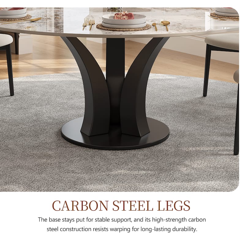 59" Round Sintered Stone Dining Table for 6-8, Glossy Pandora Table top