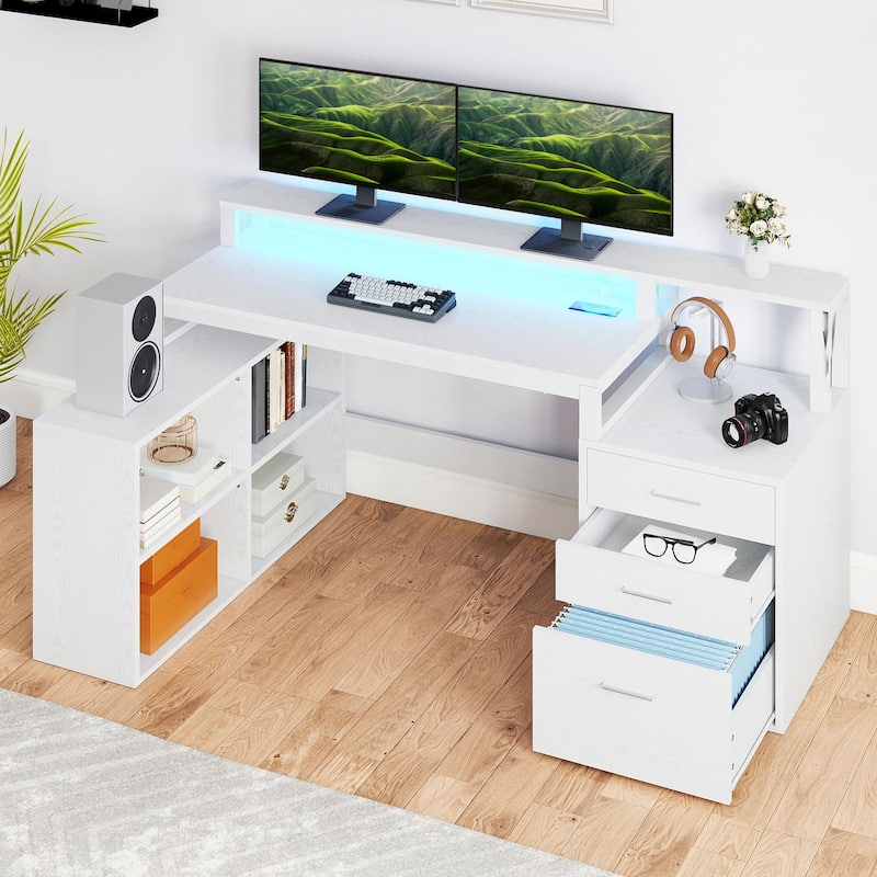Moasis 65" Computer Desk with Filing Cabinet and Storage Shelves, LED Lighting Corner Home Office Desk - White