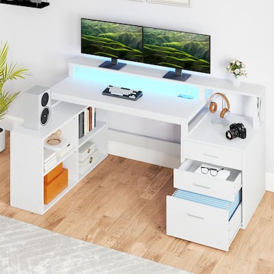 Moasis 65" Computer Desk with Filing Cabinet and Storage Shelves, LED Lighting Corner Home Office Desk