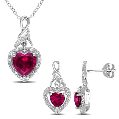 Miadora 4ct TGW Heart-Cut Created Ruby 1/5ct TDW Diamond Necklace Earrings Set Sterling Silver