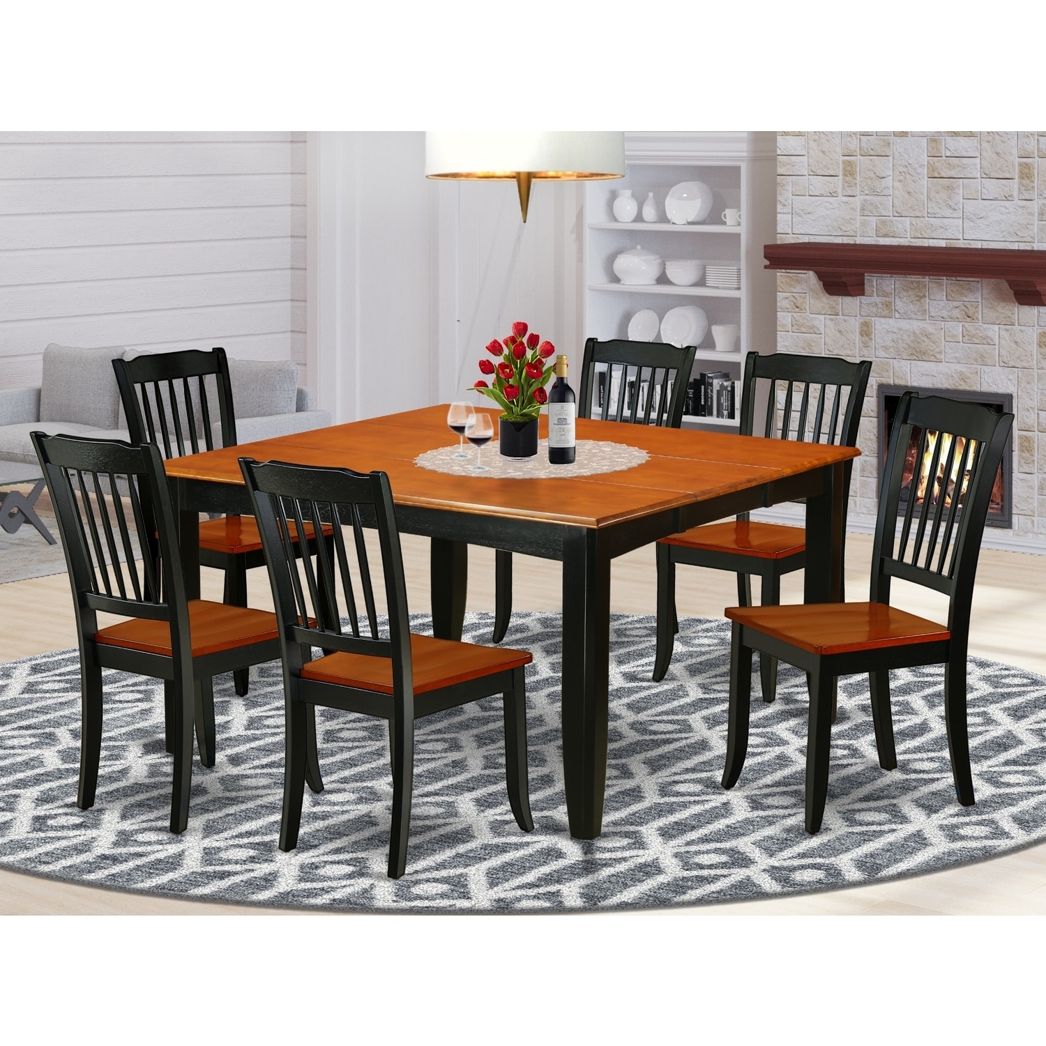 Modern Dining Set 7 Piece - Square Table w/ Butterfly Leaf & 6 Chairs - 54x54 Inch - Black Cherry Finish