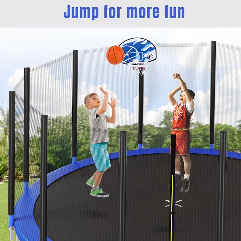 16FT Trampoline for Kids with Safety Enclosure Net, Basketball Hoop and Ladder, Round Outdoor Recreational Trampoline