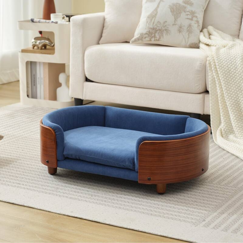 Scandinavian Velvet Pet Sofa with Wood Legs & Curved Back - Medium