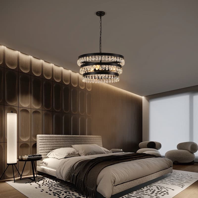 3 - Light 3 - Tier Crystal Chandelier, Black Iron Frame, Ceiling Pendant - Matte Black