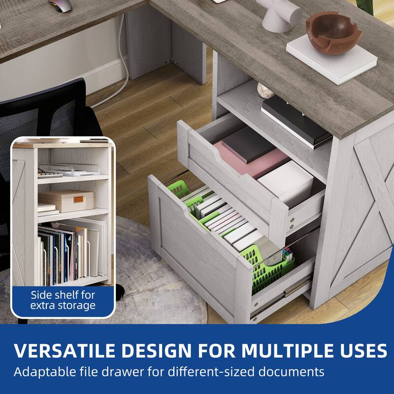 Moasis Farmhouse U-Shaped Desk with LED Lights & Power Outlet