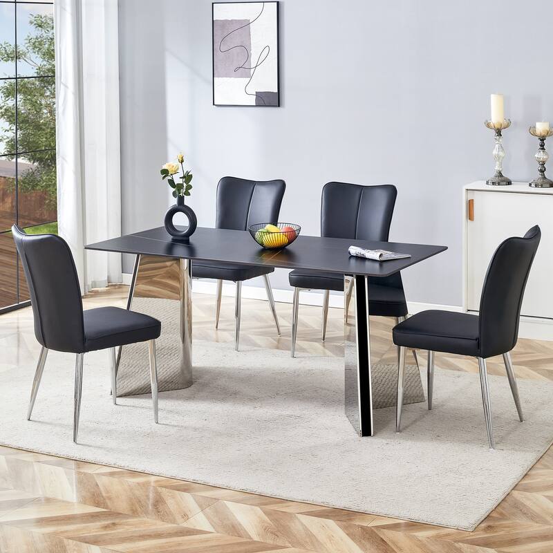 Roomfitters 5pcs Marble Pattern Dining Table Set with Stainless Butterfly Legs and PU Chairs with Stripe Backrest, Black