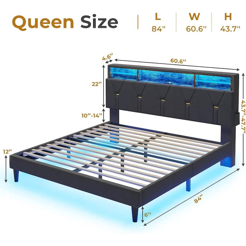 Bed Frame Storage Headboard RGB LED Lights Upholstered Platform