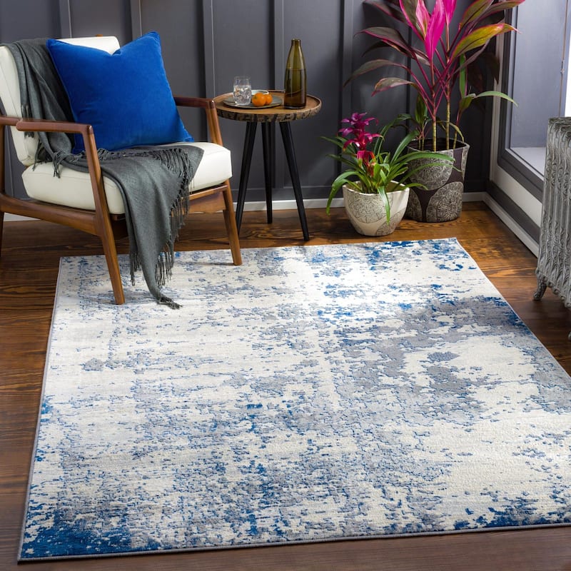 Livabliss Monaco Minimalist Abstract Area Rug - Charcoal/Blue - 5' 3" x 7' 3"