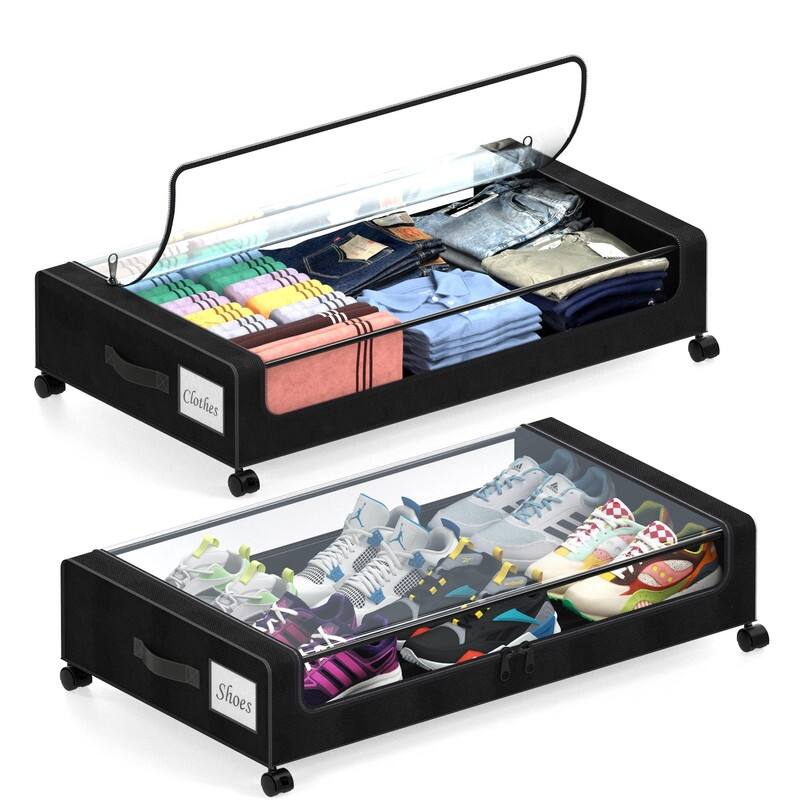 2-Pack XXL 65L Under Bed Storage Bins with Wheels & Lids – Black - Black