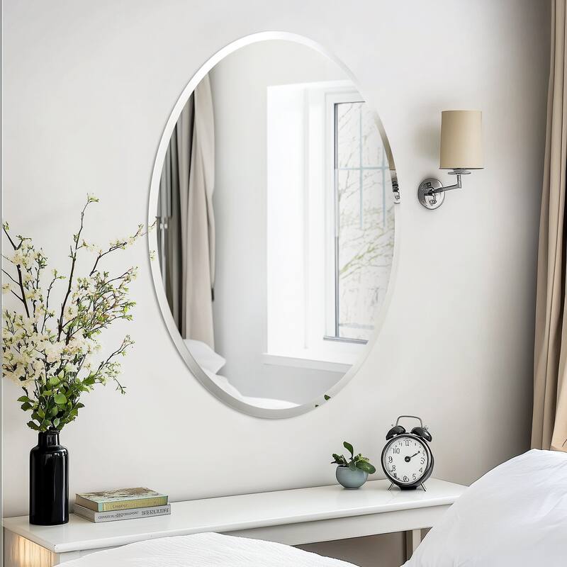 Frameless Bathroom Mirror Wall Mounted Modern Stylish Design with Contemporary Bevelled Edges - 20" W x 28" H Oval