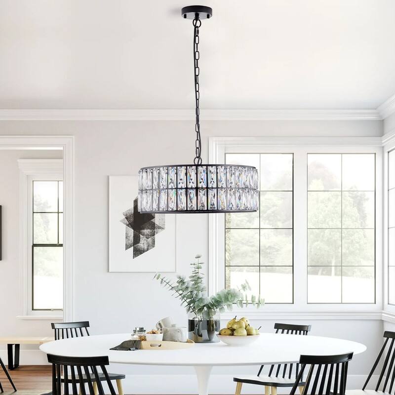 18" 6-Light Modern Crystal Drum Chandelier -  Metal Frame Pendant for Living, Dining & Bedroom (Bulbs Not Included)|Black