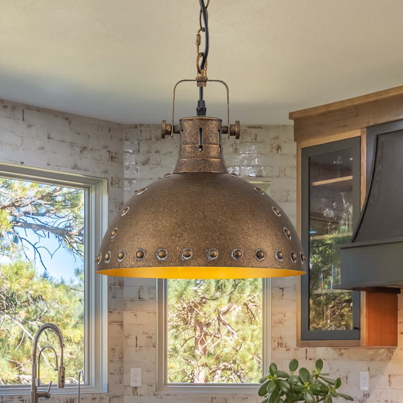 1-Light Antique Gold Chandelier 11.8in. Metal Dome Pendant Light - Antiqued Gold - 11.8''W