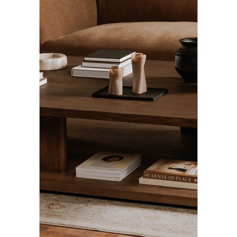 NADAAL STUDIOS Thalor Coffee Table, Large Rectangular Solid Oak Edge, Bullnose Vertical Support, Dark Brown