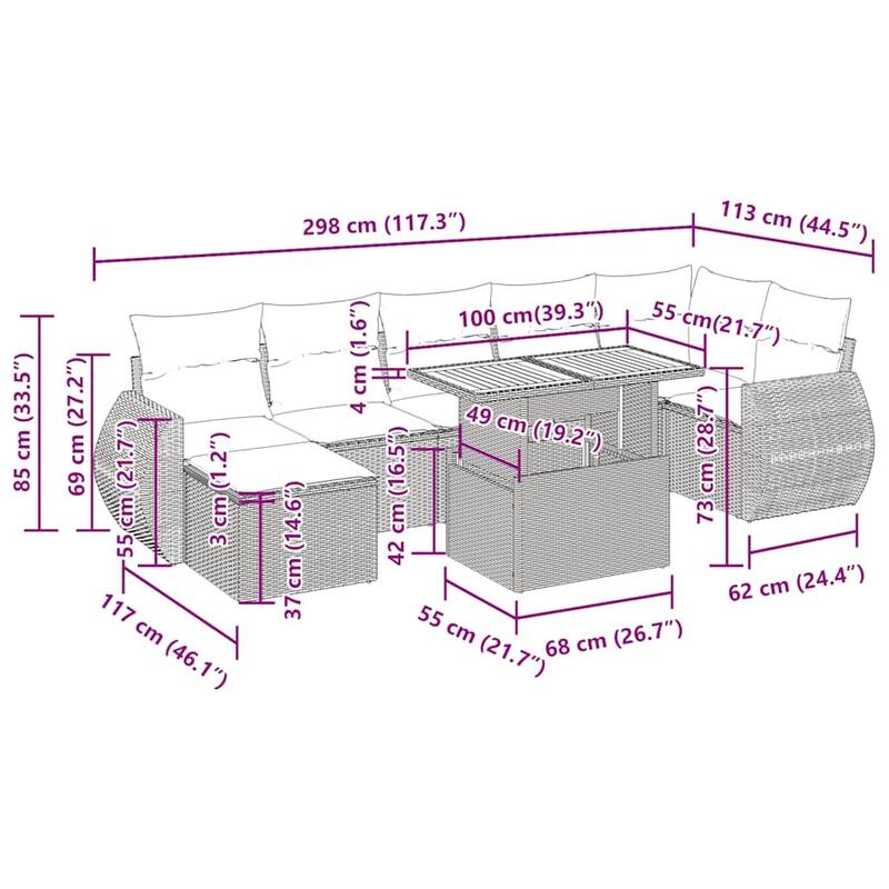 vidaXL Patio Sofa Set with Cushions Table and Sofa Modules 8 Piece Poly Rattan - 21.7 x 24.4 x 27.2