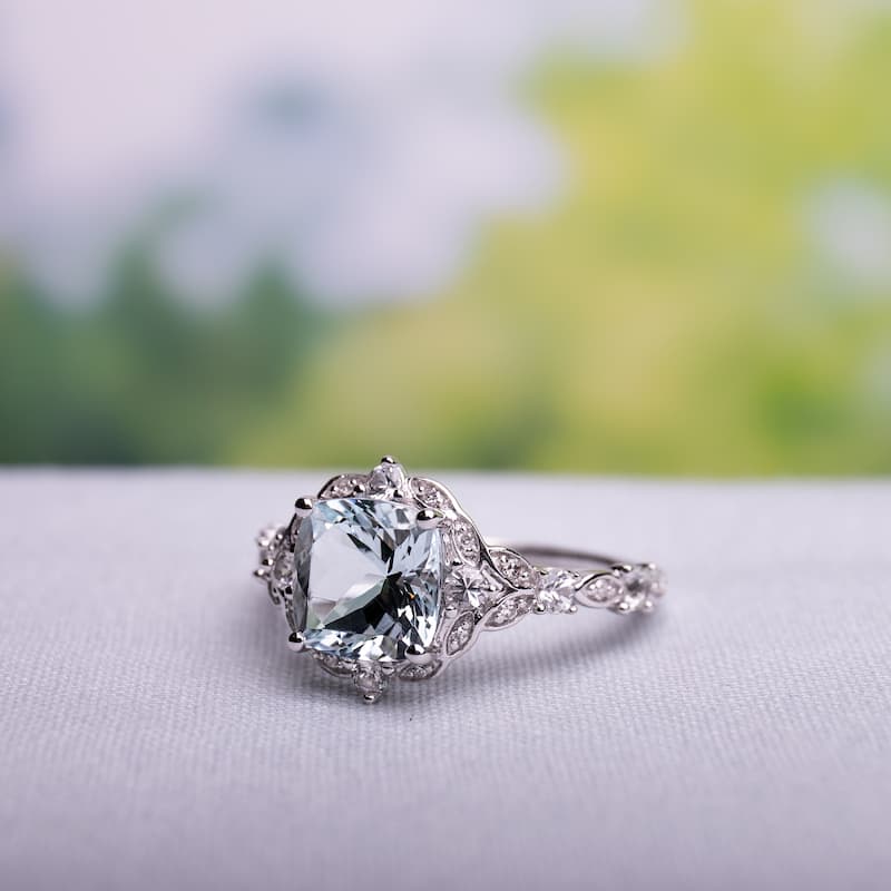 Miadora Vintage Aquamarine White Sapphire and Diamond Ring in 14k White Gold