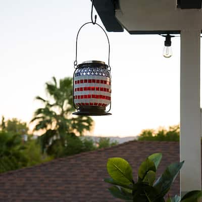 Alpine Corporation 7" Tall Hanging Solar Powered Outdoor Patriotic Lantern with LED Lights
