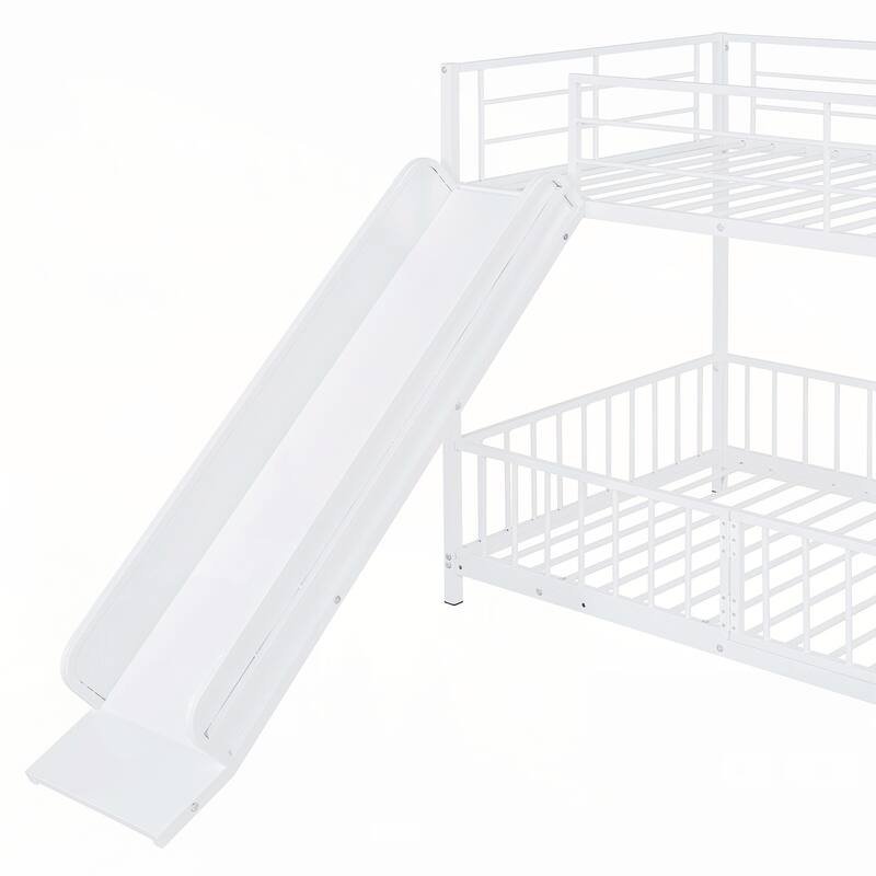 Twin over Twin Size Metal Bunk Bed with Slide and Guardrails