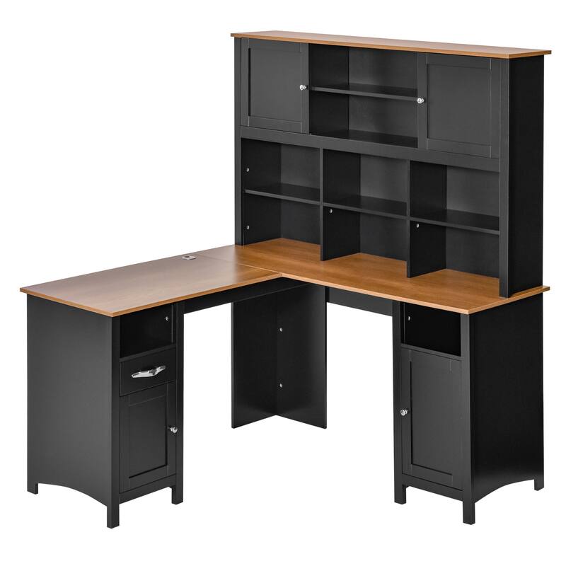 HOMCOM L-Shaped Corner Computer Desk with Hutch, Home Office Desk Study Workstation Table