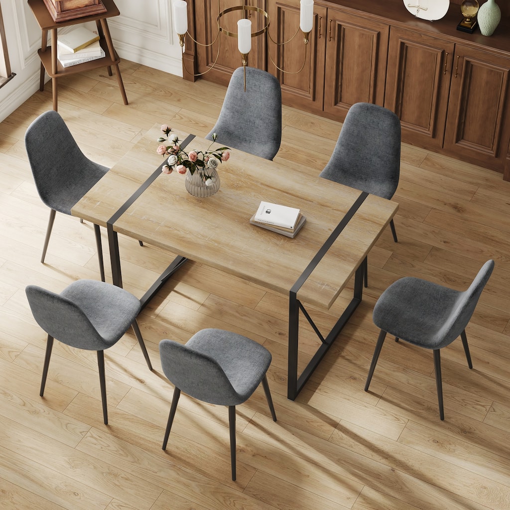 7-Piece Dining Table Set for 6, 55" Wood Kitchen Table with 6 Upholstered Chairs for Dining Room and Small Spaces